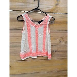 Blue Rain Womens XS White Neon Pink Embroidered V-Neck Sleeveless Tank Top